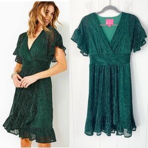 Lilly Pulitzer Sinclare Dress In Evergreen Metallic Knit Crinkle Size XS